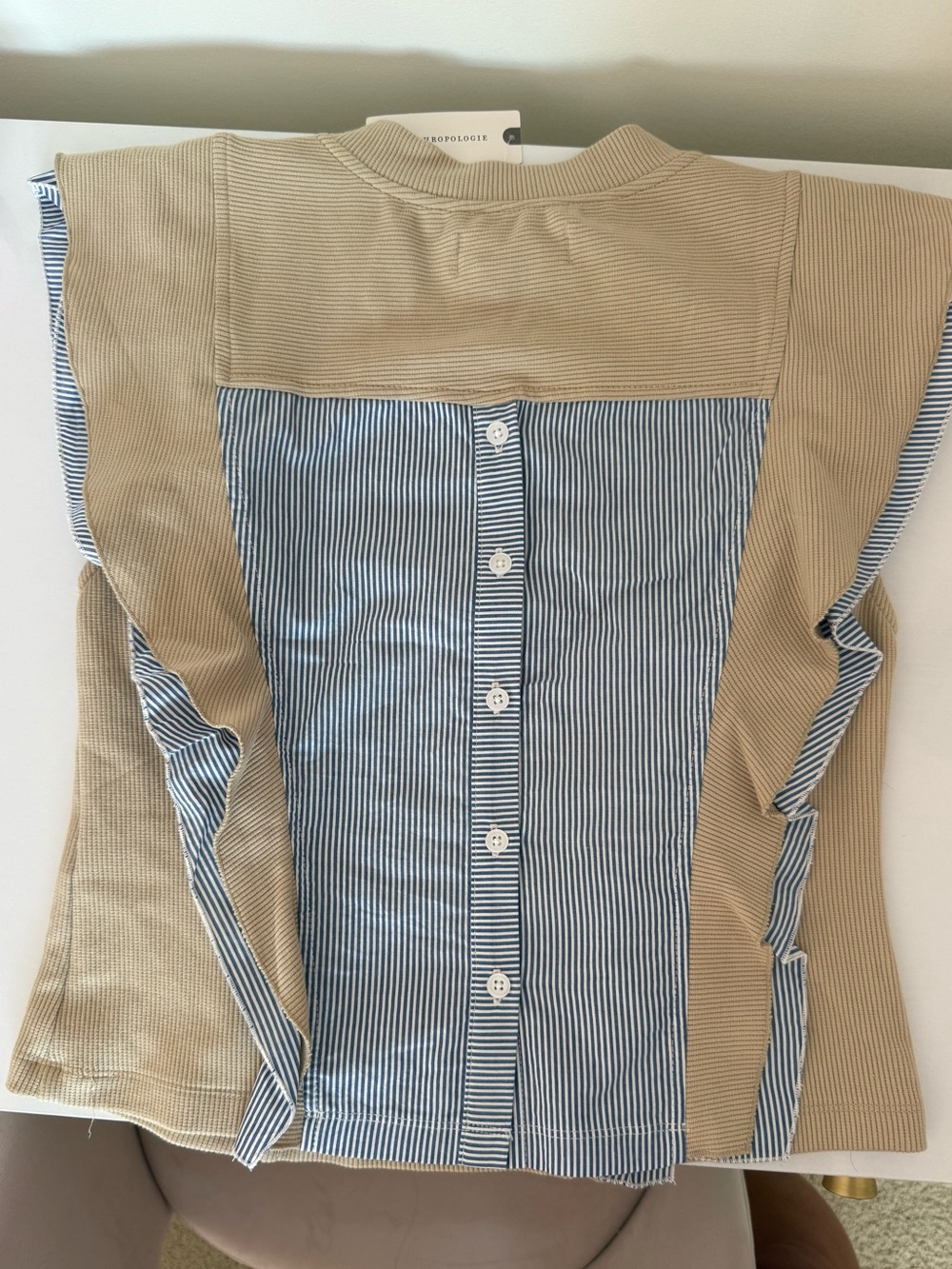 Anthropologie Tan Ribbed Tank with Blue-Striped Ruffle Trim - Picture 2 of 3